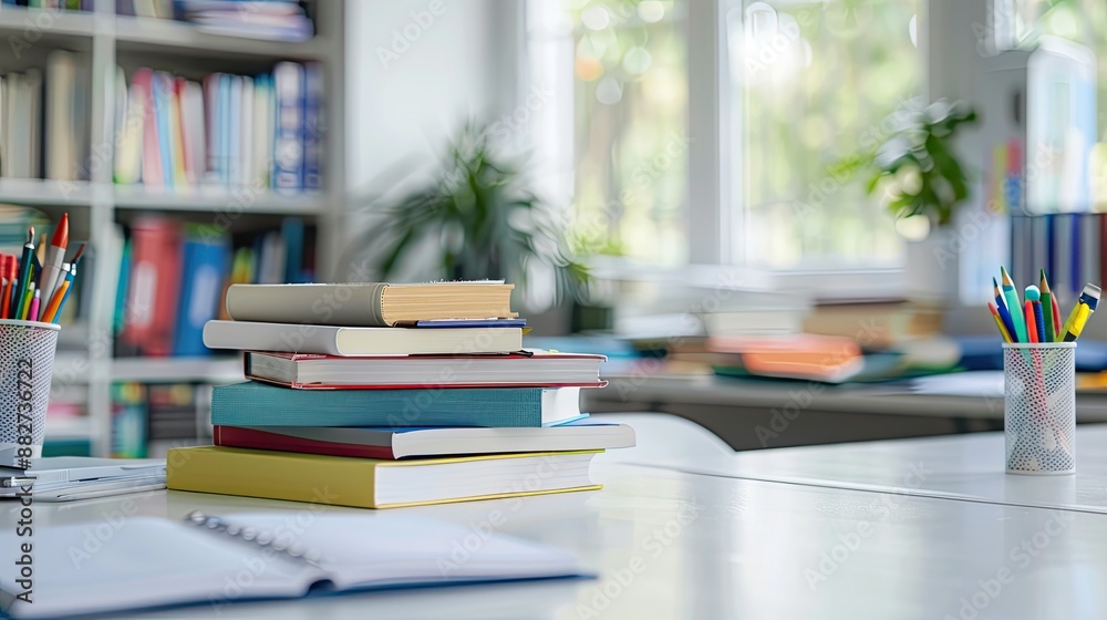 Wall mural white table with books, stationery and copy space in blurred study room