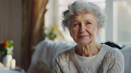 Elderly women's home style: indoor profile pictures, showing warm greetings on the video call screen, posing at home, promoting retirement and elderly health care. Elderly grandmother women video call