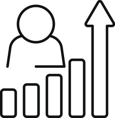 Simple line art icon of a businessman standing next to a growing bar chart, symbolizing a successful career path