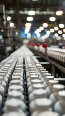 Obraz premium &nbsp;hundreds of yoghurt bottles going to camera direction on production line,