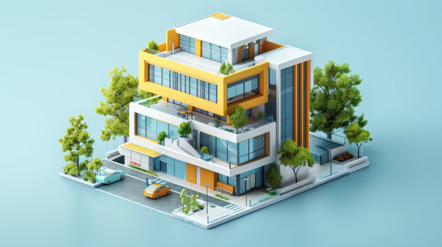 3d illustration of a minimalist hotel in axonometric projection, Toy style. on white background