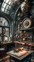 Obraz premium Steampunk Inventor's Workshop, 4K hyperrealistic photo