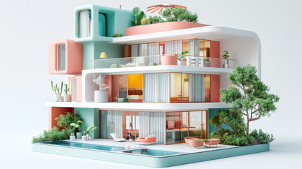 3d illustration of a minimalist hotel in axonometric projection, Toy style. on white background