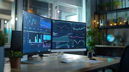 Fototapeta premium Desk with two monitors and a plant behind them