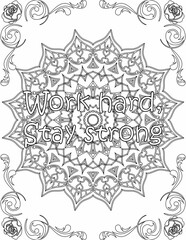 Printable mandala coloring page for kids and adults with positive quote for self love and self care. it helps to struggle against life to enjoy the tough journey
