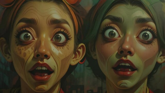 Psychology, split personality, bipolar disorder surreal concept. Two screaming crazy women, cartoon animation 4k