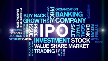IPO INITIAL PUBLIC OFFERING animated word cloud;text design animation tag kinetic typography seamless loop.