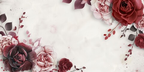Crimson Floral Frame: A delicate and romantic floral frame, featuring lush burgundy and blush roses, peonies, and greenery, arranged in a symmetrical design against a white background. 
