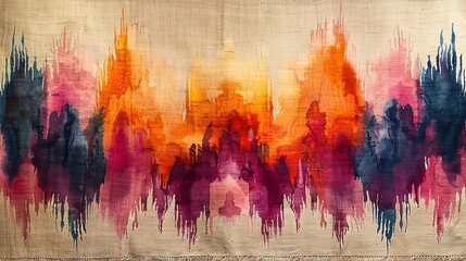 Dynamic blend of colors in vibrant watercolor ikat motifs, abstract and fluid, evoking traditional craftsmanship