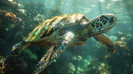 Fototapeta premium A large sea turtle swims gracefully through clear ocean waters, its shell dappled with sunlight, surrounded by vibrant coral reefs