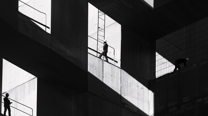 Abstract silhouette of a construction site with workers in a minimalist style against a light background.