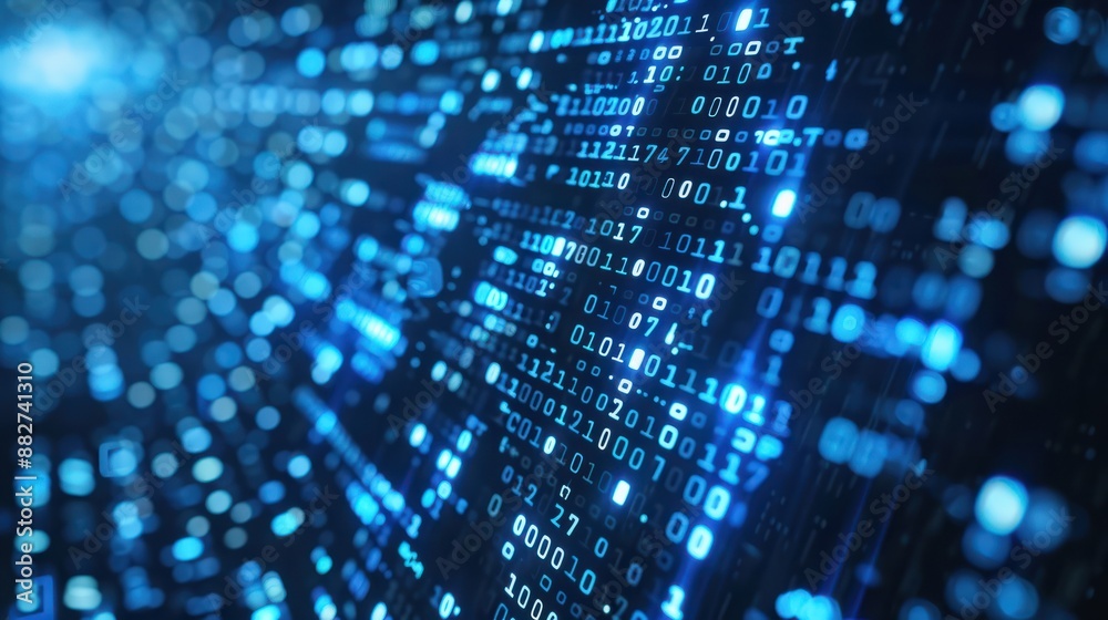 Poster blue digital binary data on computer screen background