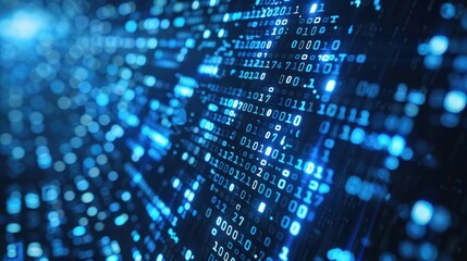 Blue digital binary data on computer screen background
