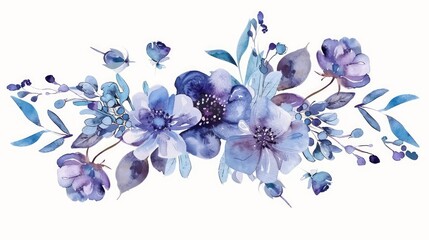 Blue Watercolor Floral Bouquet: Delicate blue and purple watercolor flowers and leaves arranged in a romantic bouquet on a white background. Perfect for wedding invitations, stationery, and other desi