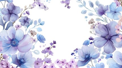 Delicate Watercolor Floral Frame: A charming watercolor illustration of a floral frame with soft blue and purple hues, perfect for invitations, greeting cards, or adding a touch of elegance to your de