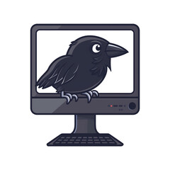 computer screen with crow wallpaper