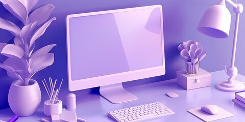 Pastel Productivity: A serene workspace awaits, featuring a blank computer monitor amidst a symphony of soft purple hues.workspace, study, home office.Purple Desk Minimalist Workspace: A sleek.