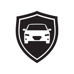 Car on the shield, graphic icon. Car insurance sign, monochrome design isolated on white background. Symbol of protections auto transport.