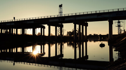 Fototapeta premium Silhouetted unfinished bridge construction with a river reflection at dusk.