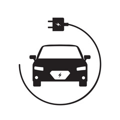 Electric car with plug, black auto icon symbol. Hybrid vehicles charging point logotype, eco friendly vehicle concept. Zero waste, ecological transport.