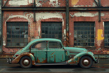 Fototapeta premium View of the same vintage green car against a different section of the industrial brick building, emphasizing the car’s rustic charm and patina
