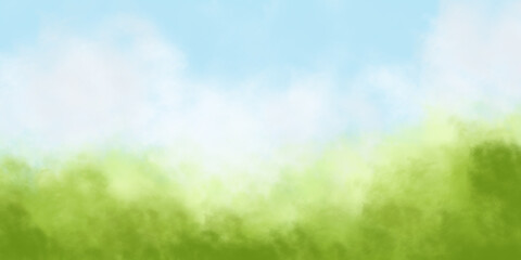 Abstract summer landscape background with blue sky, white clouds and green field. Modern gradient painting