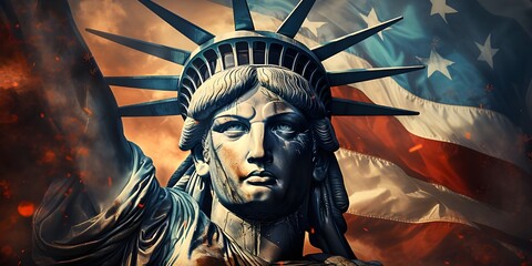 Obraz premium The Statue of Liberty with the American flag in the background. The concept of freedom, democracy and cultural values ​​of the country.