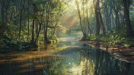 Obraz premium Enchanted woodlands. Serene capture of forest bathed in gentle morning sunlight reflecting in tranquil river ideal nature landscape and scenic collections