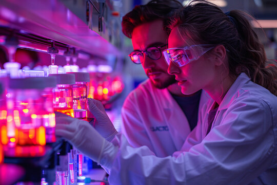 A male and female scientist in a lab, both wearing gloves and goggles, meticulously working with lab equipment under bright pink and blue lights, emphasizing diligence and cooperation