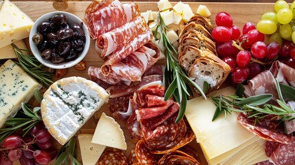 A beautifully arranged charcuterie board for breakfast, with a selection of cheeses, cured meats, fresh fruits, and artisan bread