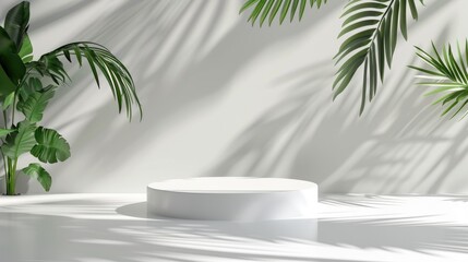 Obraz premium Creative product display podium on white background with leaf shadows