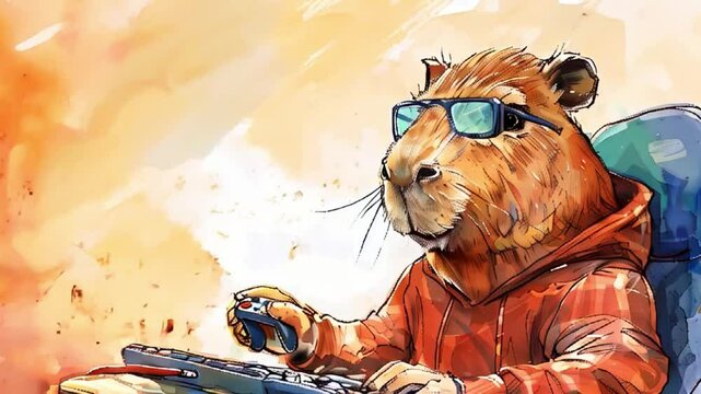  watercolor illustration of a smiling capybara dressed in a sweatshirt and viar glasses and playing a computer game highly