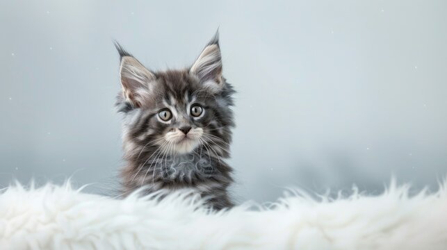 Curious blue tabby maine coon kitten sitting on white fur curious look gray backdrop with space to write - Powered by Adobe