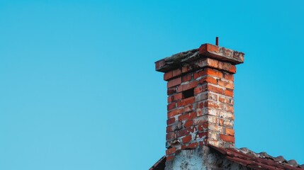 Damaged old brick chimney under clear blue sky with lightning protector Symbolizes neglect Blue hue gradient Text space available