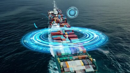 Aerial view of cargo container ship in the sea. Digital elements. concept of technology, internet connection, ai, navigation and industry. Ai-generated.