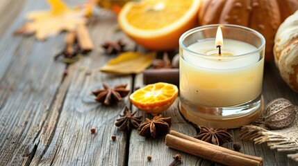 Cozy fall home decor with scented candle spices and citrus on wooden surface
