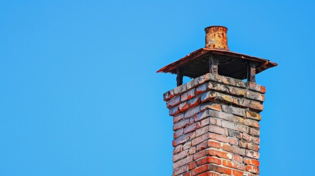 Damaged old brick chimney under clear blue sky with lightning protector Symbolizes neglect Blue hue gradient Text space available