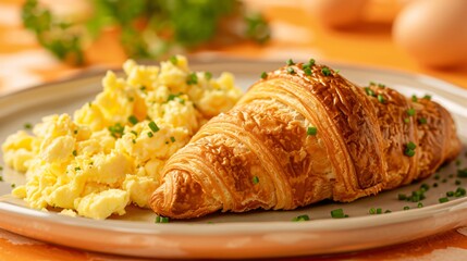A croissant with a side of scrambled eggs, displayed on a sunny orange background