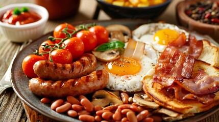 A full English breakfast featuring scrambled eggs, bacon, sausages, grilled tomatoes, mushrooms, and baked beans