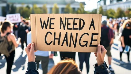 Rear view of people with placards and posters on global strike for climate change