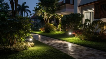Obraz premium Contemporary residential garden illuminated pathway and ambient lighting enhance landscape design