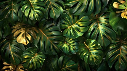 Obraz premium Pattern leaf background green plant tree abstract palm floral wallpaper flower foliage art jungle. Background luxury leaf pattern texture design line summer gold nature monstera fabric golden leaves.