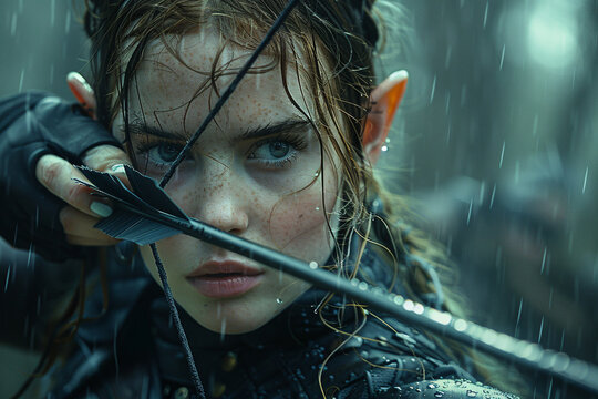 A female elf warrior in rain, focusing intently on an arrow, her face speckled with raindrops, merging mystique and determination