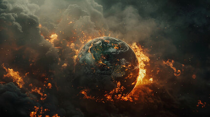 The earth is on the ground with smoke and fire in environment pollution concept