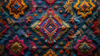 Fototapeta premium A telephoto angle photo of a Latin American pattern background with Aztec or Incan motifs, rich in history and vibrant in color, with copy space