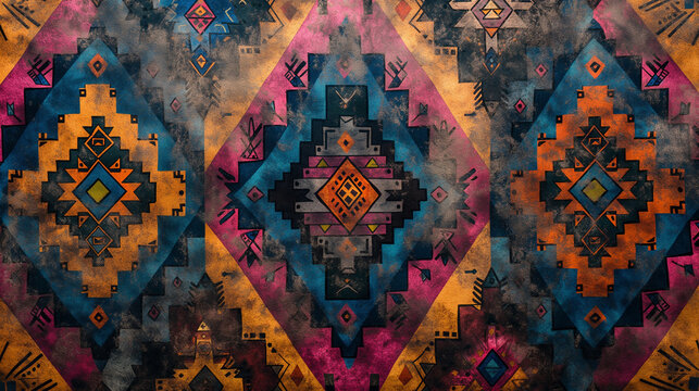 A telephoto angle photo of a Latin American pattern background with Aztec or Incan motifs, rich in history and vibrant in color, with copy space