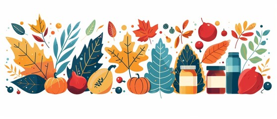 Autumn leaves, pumpkins, and fruit arranged in a colorful border.