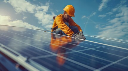 Solar power engineer installing solar panels, on the roof, electrical technician at work, alternative renewable green energy generation concept