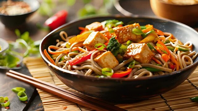 A colorful and flavorful dish of soba noodles featuring a mix of stirfried veggies and savory cubes of marinated tofu.