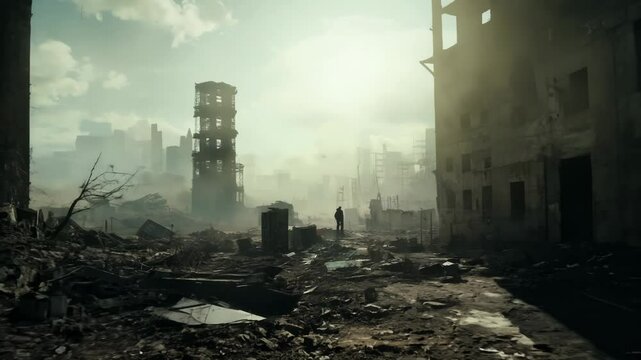 Post-Apocalyptic Cityscape with Lonely Figure